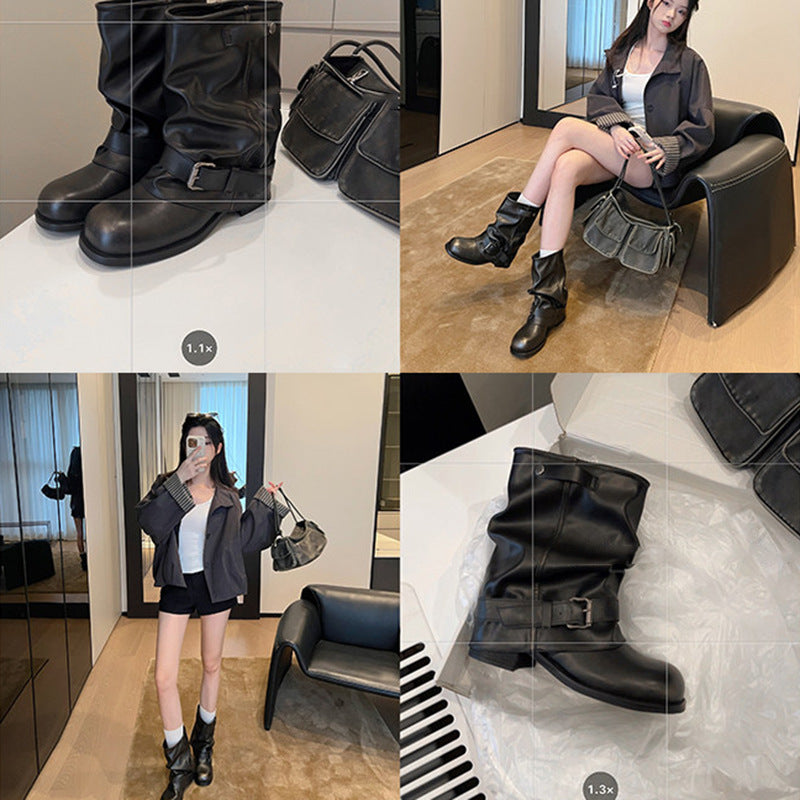 Women's Insole Western Cowboy Pile Style Short Retro Rub Colored Pleated Women's Leather Boots