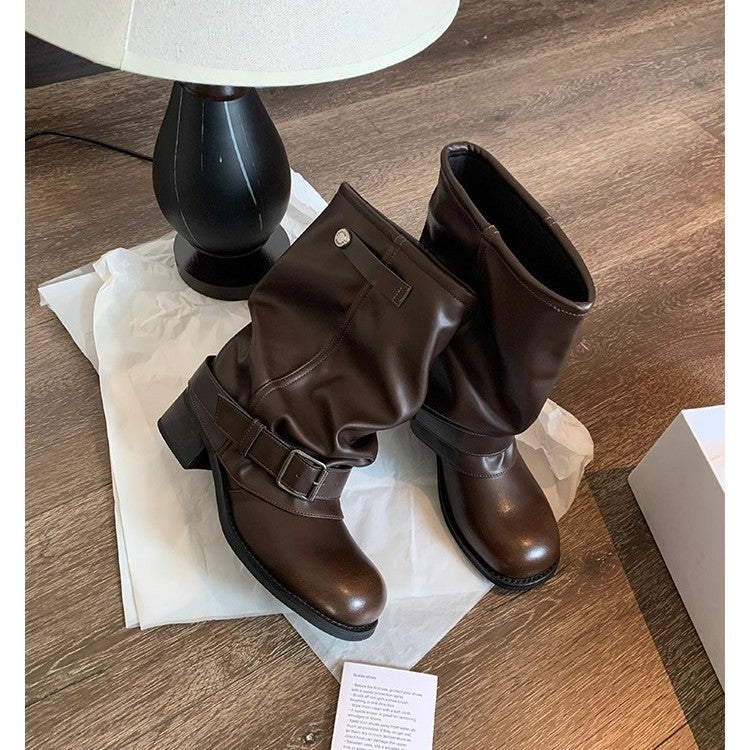 Bottom Increased Wide Big Tube Circumference Pile Style Western Women's Leather Boots
