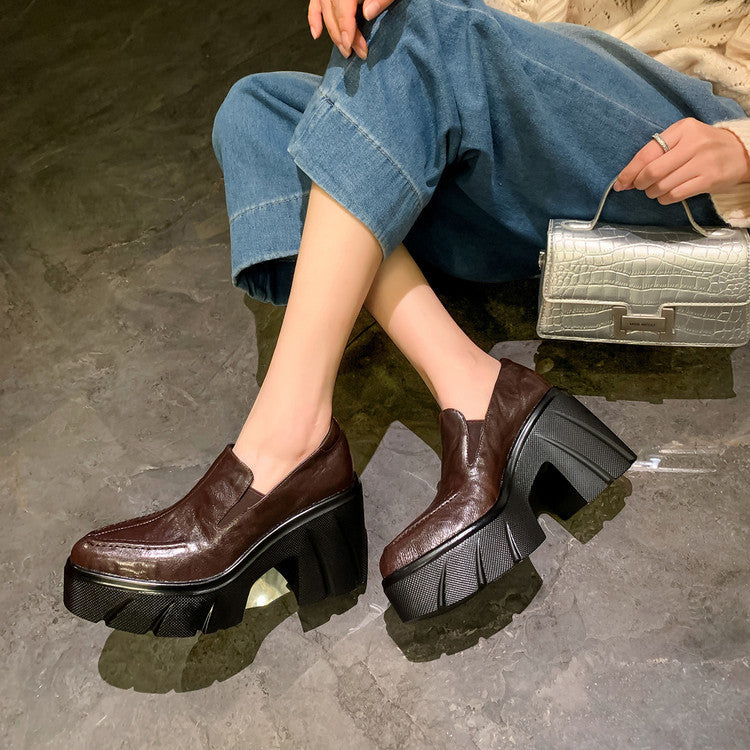 Women's Pointed Toe Platform Genuine Spring Waterproof Thick High British Leather Shoes