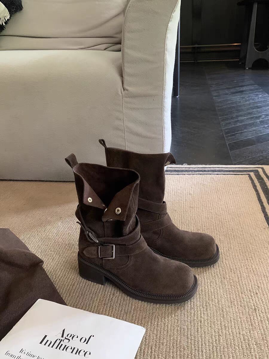 Height Increasing Autumn Fold Two-way Buckle Cow Suede Boots