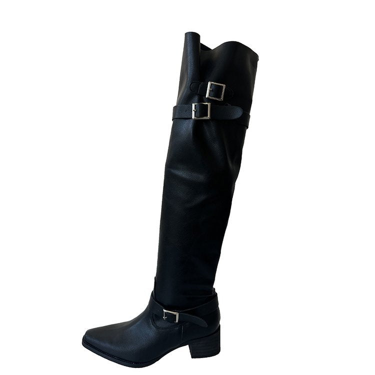 Women's Knight Retro Below The Knee Pointed Toe Chunky Women's Leather Boots