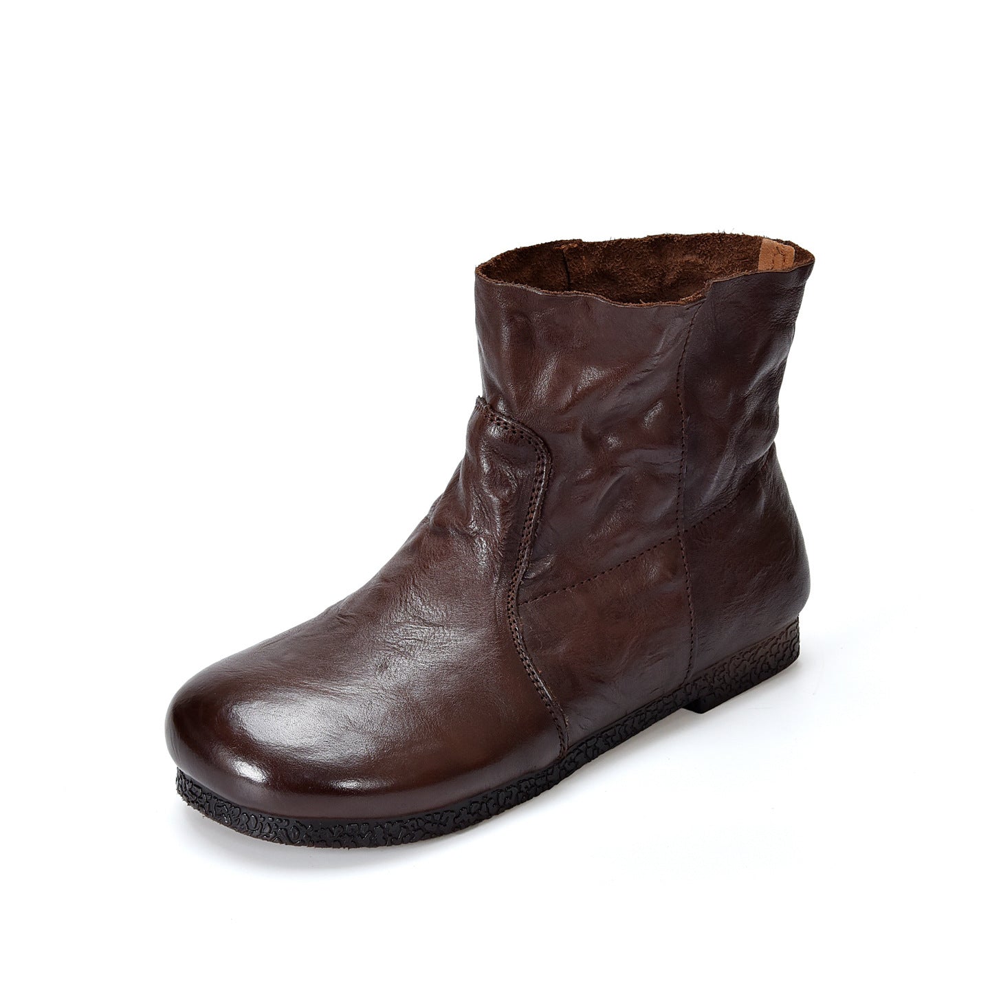 Women's Pattern First Layer Cowhide Round Toe Flat Bottom Women's Leather Boots