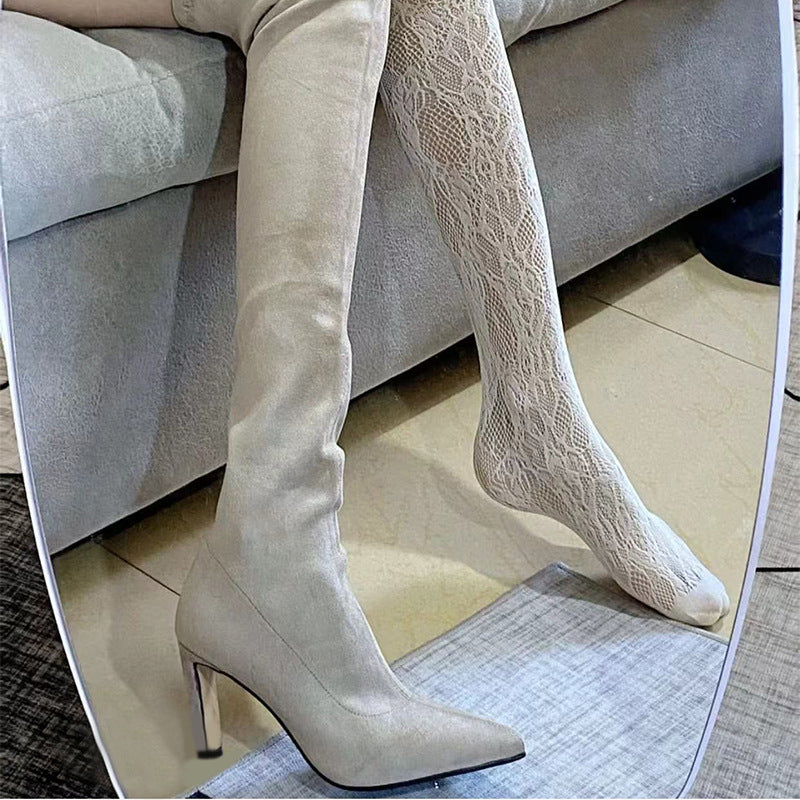 Pointed Toe High-heeled Thigh Female Apricot Suede Stretch Thin Over Boots