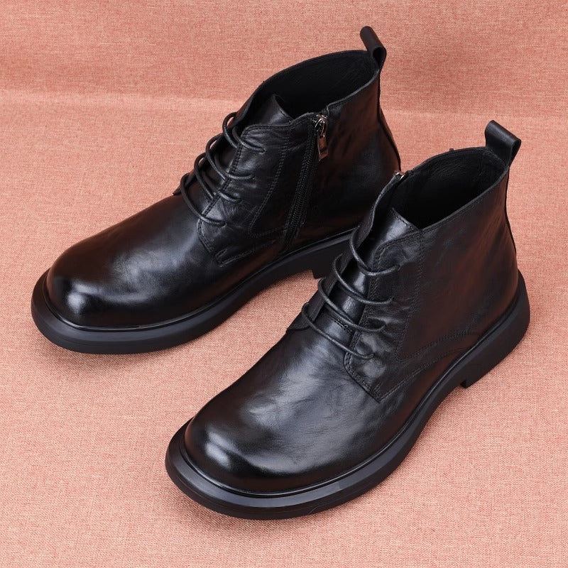 Men's First Layer Cowhide Spring Fashion Trendy Round Men's Martin Boots
