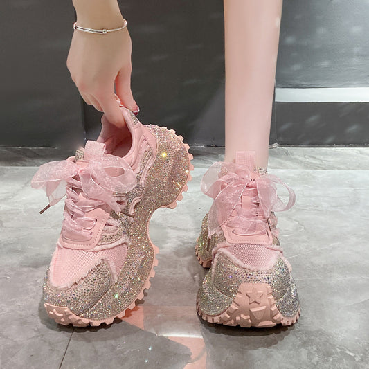 Women's Platform Dad Fashionable Summer Breathable Rhinestone Full Diamond Fried Women's Sports Shoes