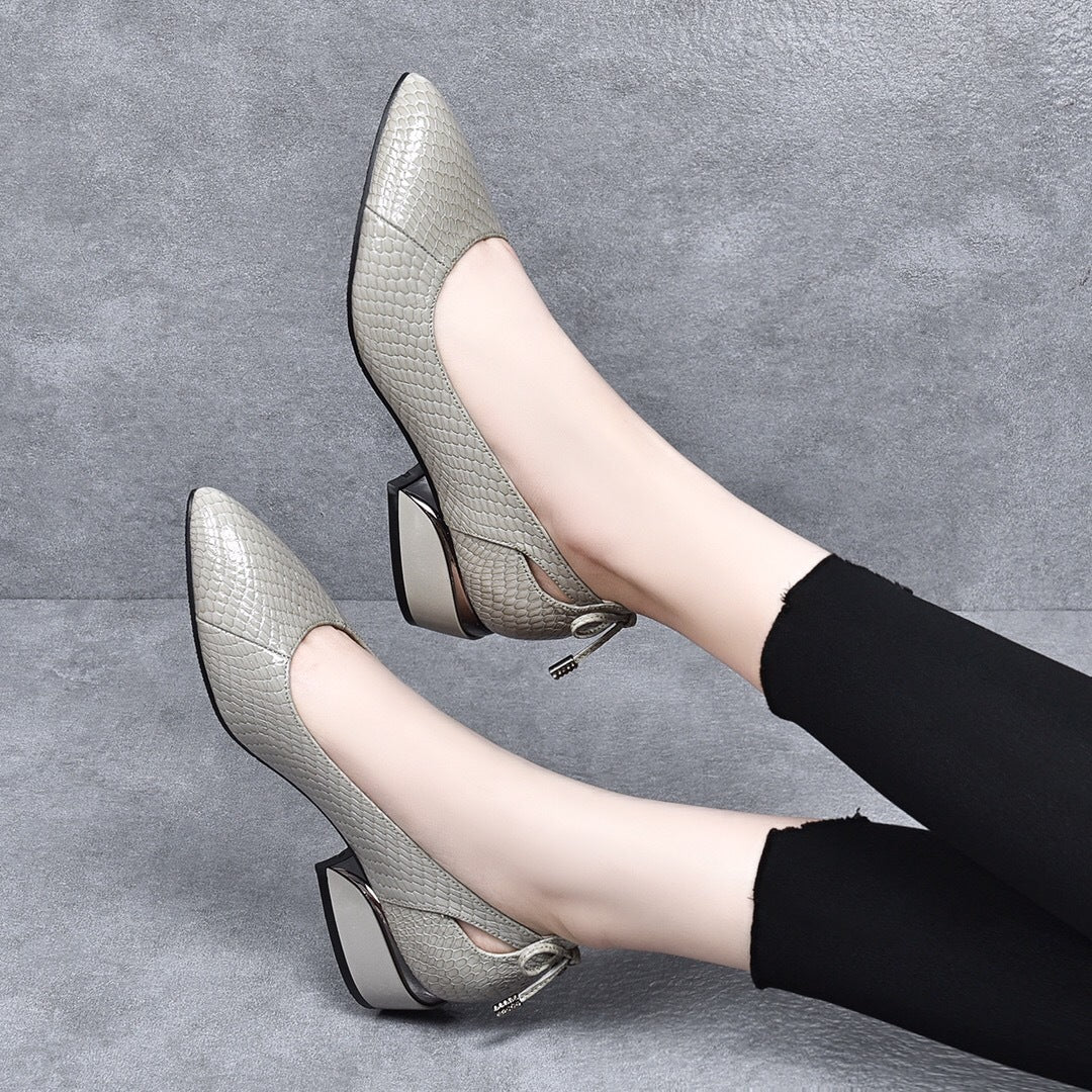 Women's Chunky Low-cut Mid Authentic Soft Bottom Pointed Low Bow Heels