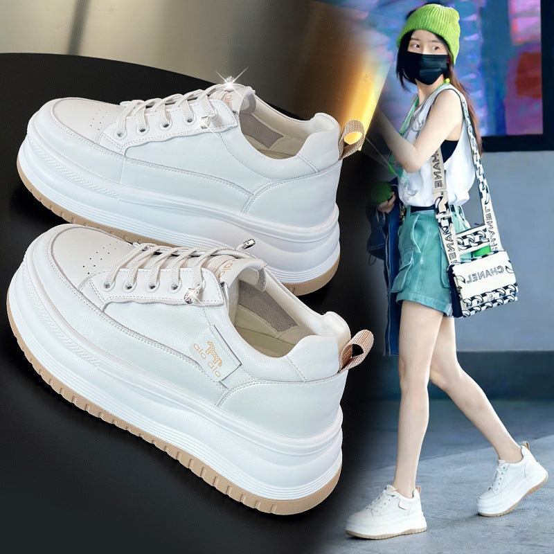Women's White Spring Genuine Sports Skate Thick-soled Small Women's Casual Shoes