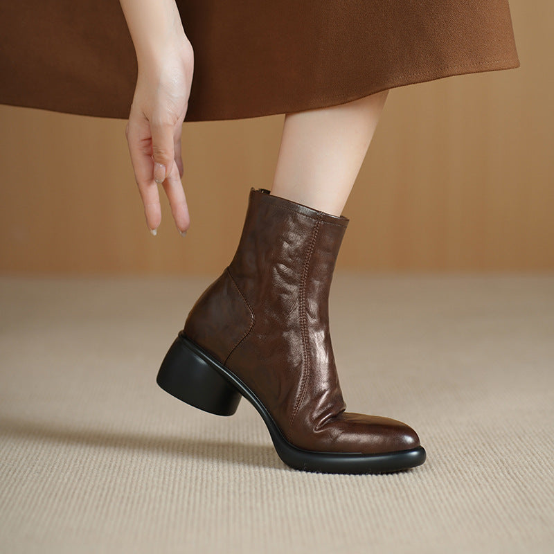 Women's Booties Thick Bottom Round Toe Mid Authentic Comfortable Soft Brown Heels