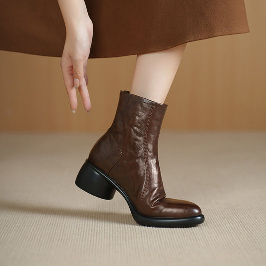 Women's Booties Thick Bottom Round Toe Mid Authentic Comfortable Soft Brown Heels
