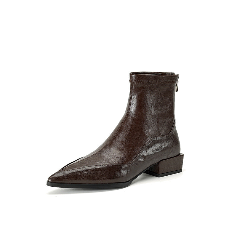 Women's French Pointed Toe Stretch Thin Low Thick Short Retro Brown Heels