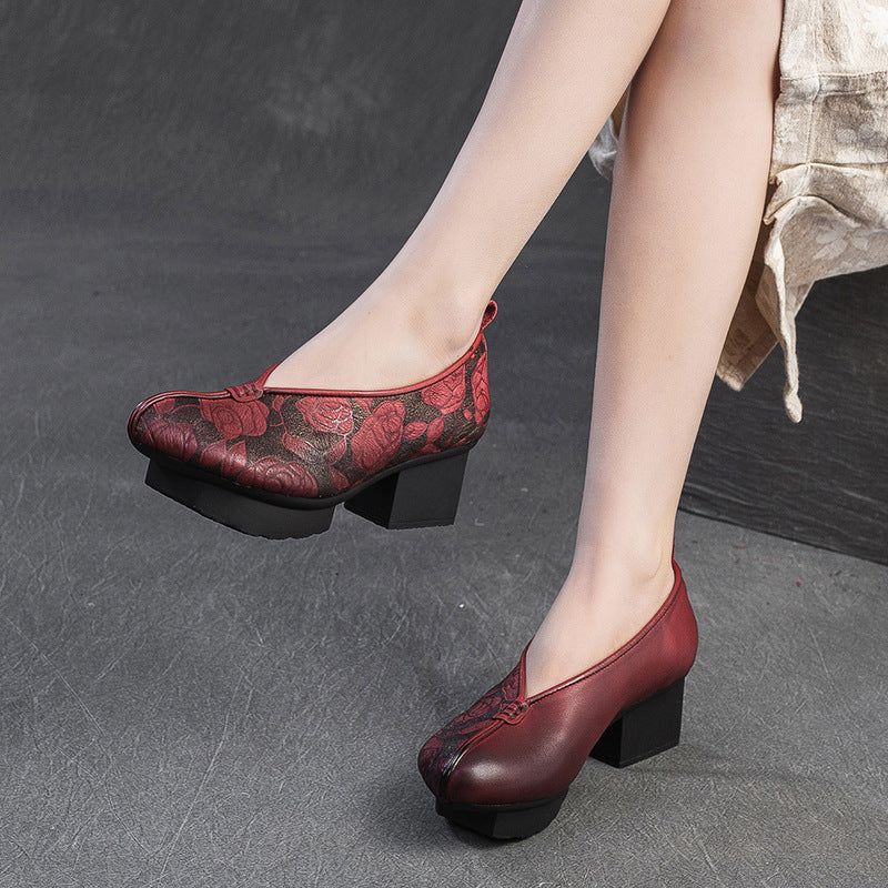 Women's Style Traditional Chunky Pumps First Layer Cowhide Embossed Women's Casual Shoes