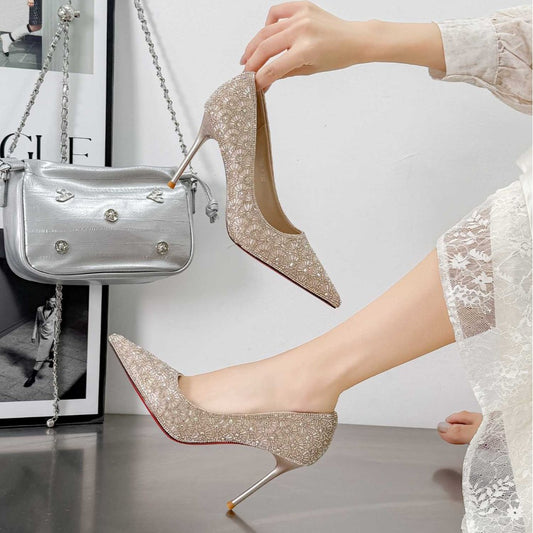 Women's Spring Pointed Crystal Pearl Full Diamond Low-cut Stiletto High Women's Fashion Shoes