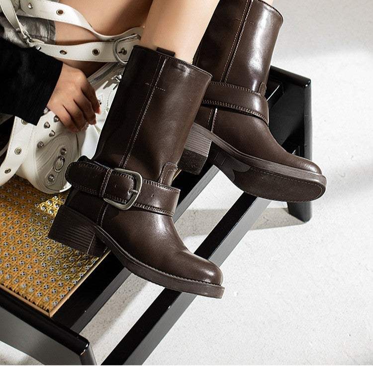 Women's Vintage Belt Buckle Chunky Black For Autumn Women's Leather Boots