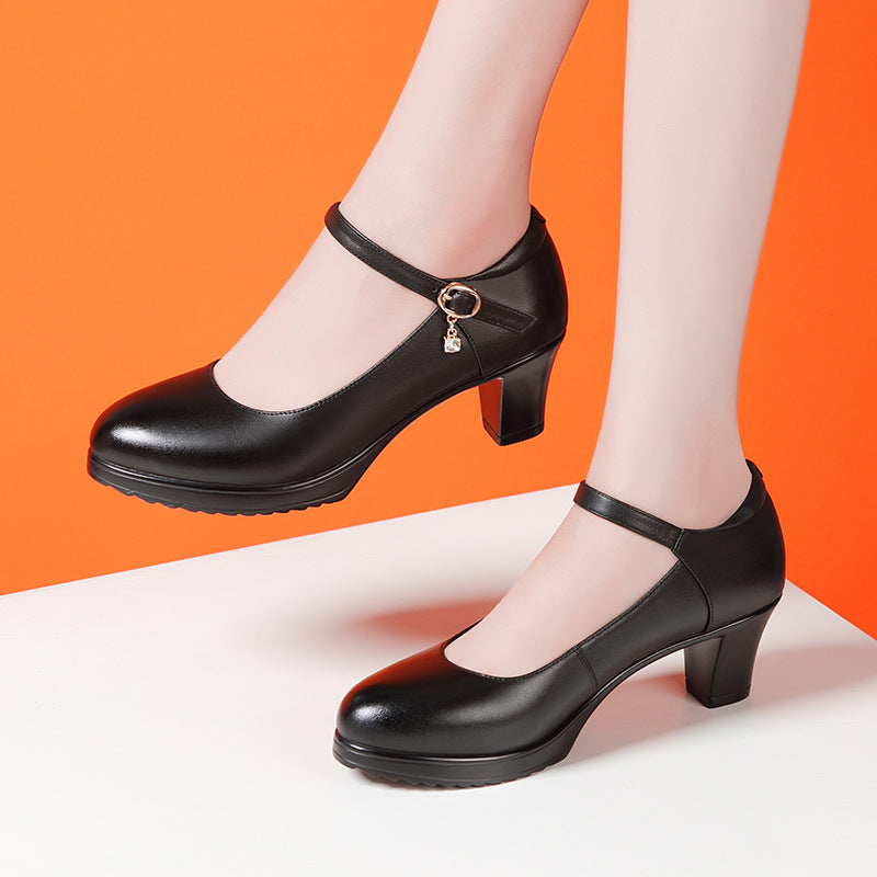 Women's High Chunky Waterproof Platform Cheongsam Model Pumps Pointed Black Soft Leather Shoes