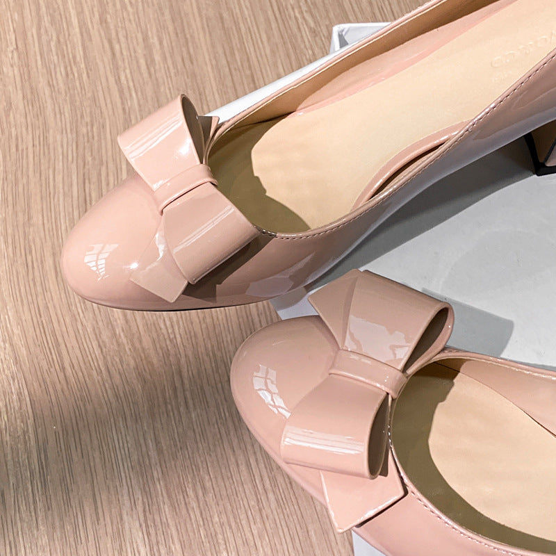 Women's Nude Round High Autumn Temperament Chunky Low-cut Heels