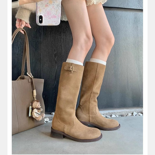 Women's Cowhide Pointed Round Head Genuine Buckled Chunky Thigh Heels