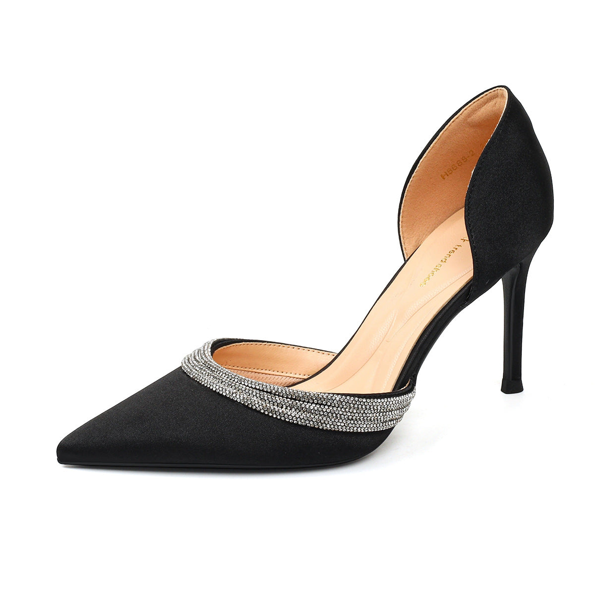 Women's Pointed Toe Rhinestone High Champagne Low-cut Satin Hollow Women's Fashion Shoes