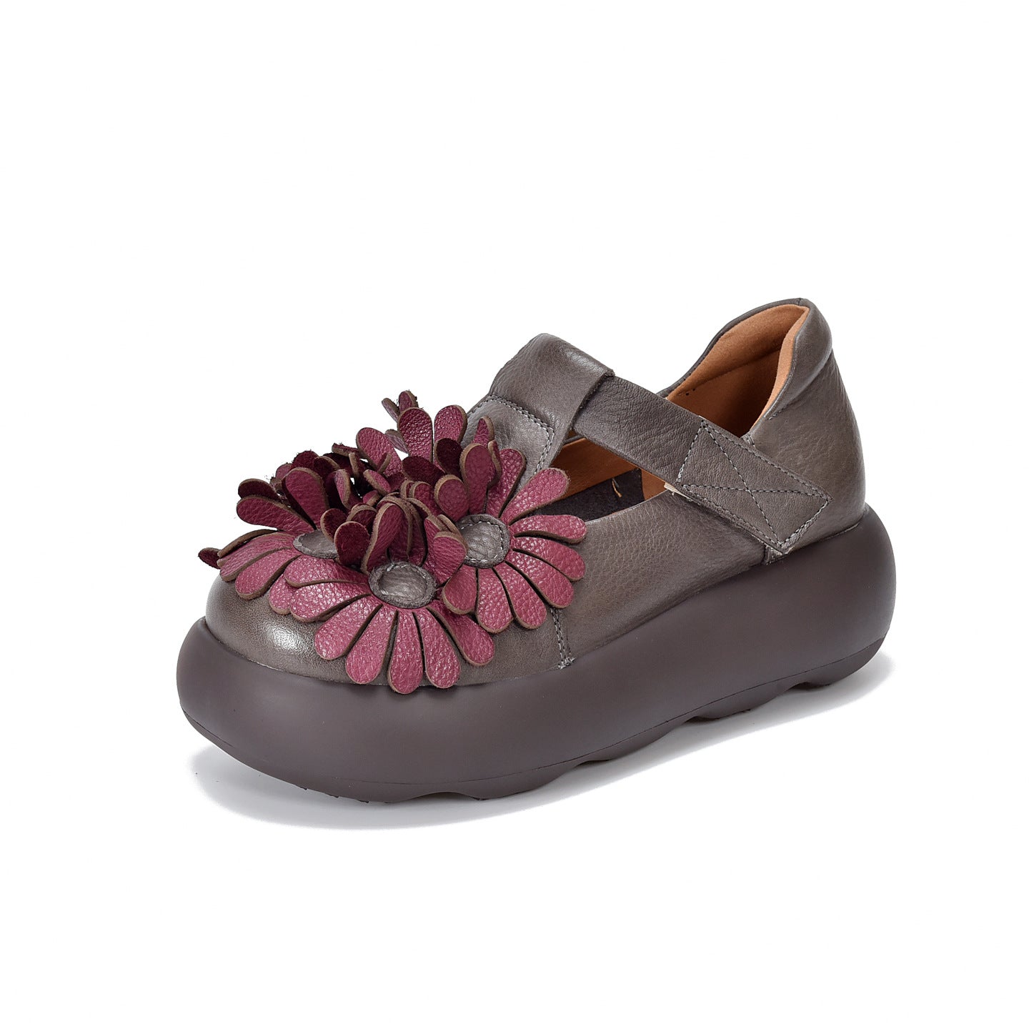 Women's Vintage Flower Artistic Round Head Thick Bottom Shape Men's Shoes
