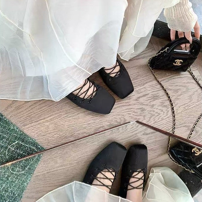 Satin Cross Belt Ballet Pumps Female Temperament Square Toe Mary Women's Fashion Shoes