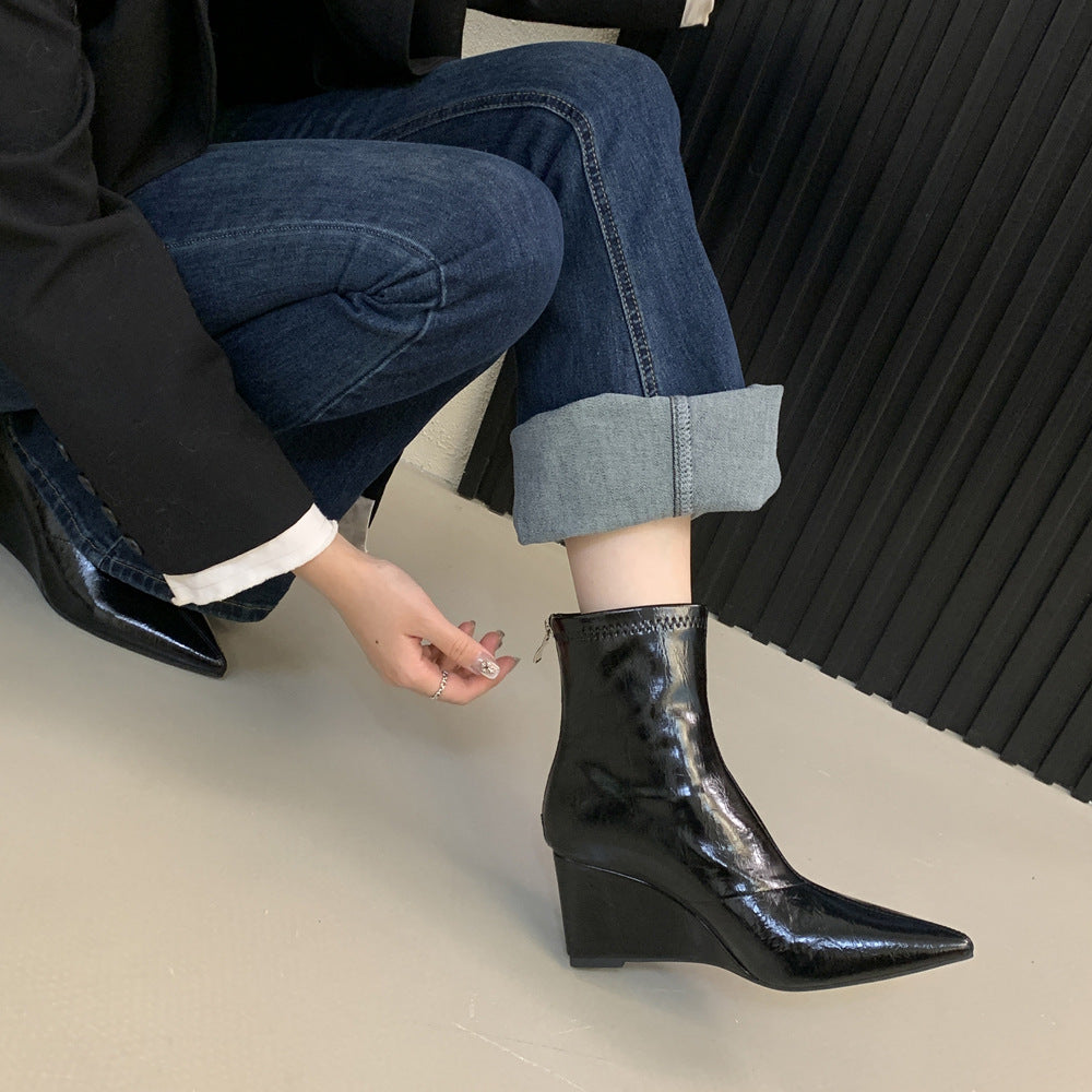 Women's High-grade Pointed Toe Wedge Short Back Zipper Skinny High Women's Leather Boots