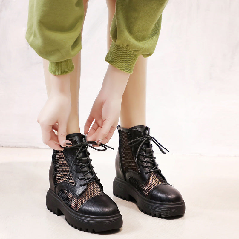 Women's Mesh Hollow Summer Thin Breathable Platform Martin Genuine Inner Height Women's Leather Boots