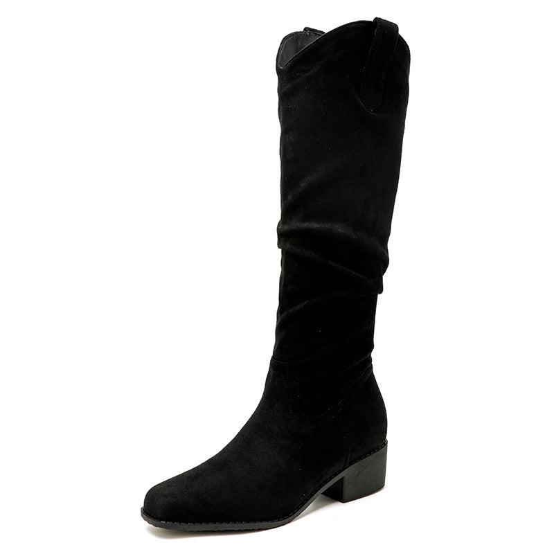 Style Retro Coffee Color Pile Western Cowboy High Leg Women's Leather Boots