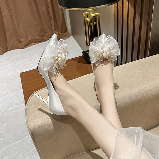 Women's Sweet Bow Bridal White Wedding Dress Champagne Bridesmaid Heels