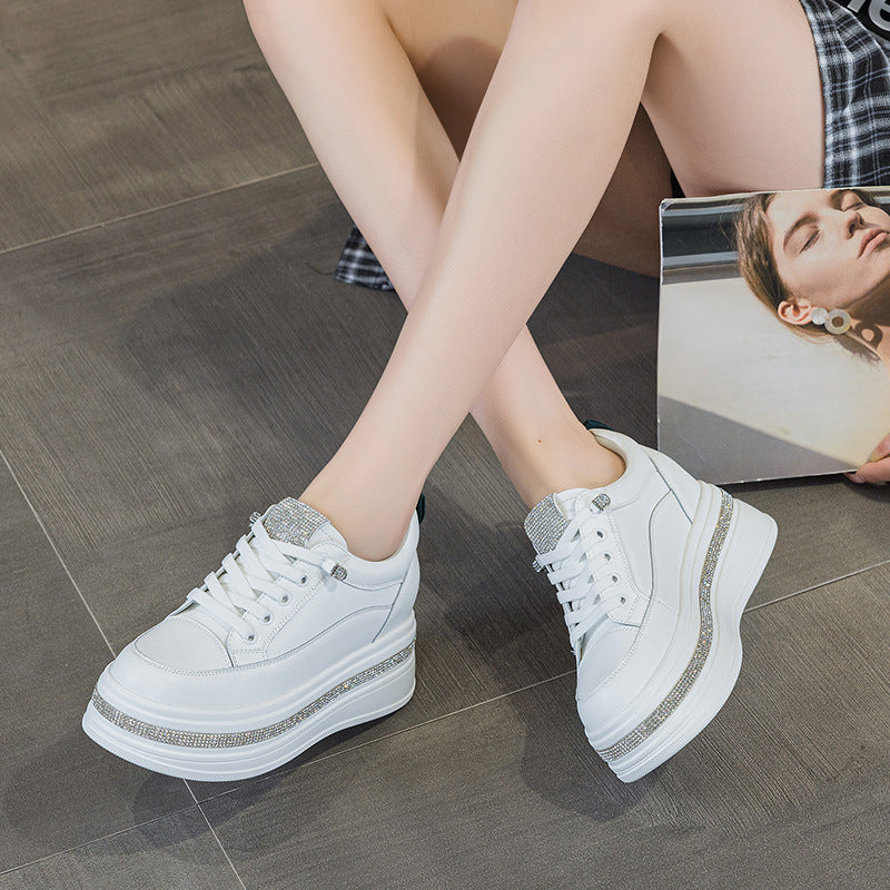 Women's White Platform Muffin Height Increasing Insole Pearl Diamond Elastic Lace Women's Casual Shoes