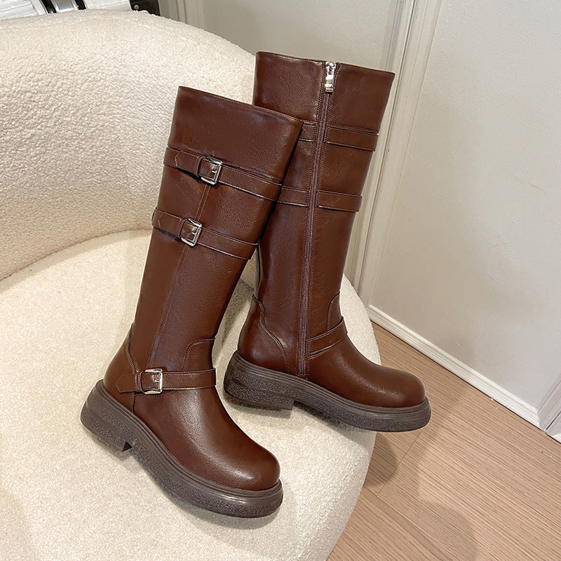 Women's Platform Knee-high Western Cowboy Tall Knight Waste Soil Round Head Heels