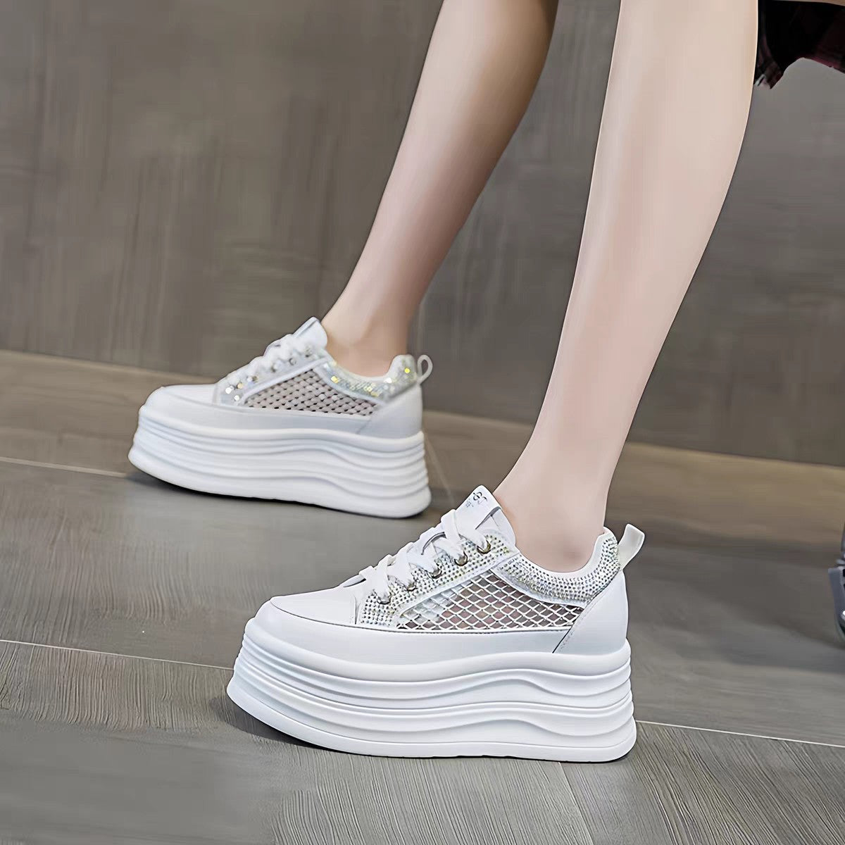 Women's Height Increasing Breathable Mesh White Thick Sports Casual Shoes