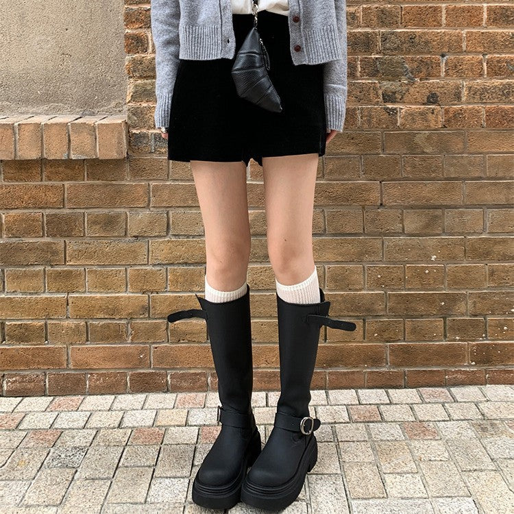Belt Buckle Below The Knee Female Round Toe Thick Bottom Boots