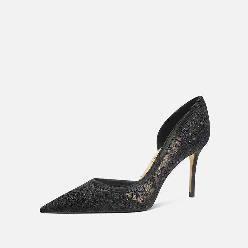 Women's Lace Mesh Commuter High Pointed Toe Design Heels