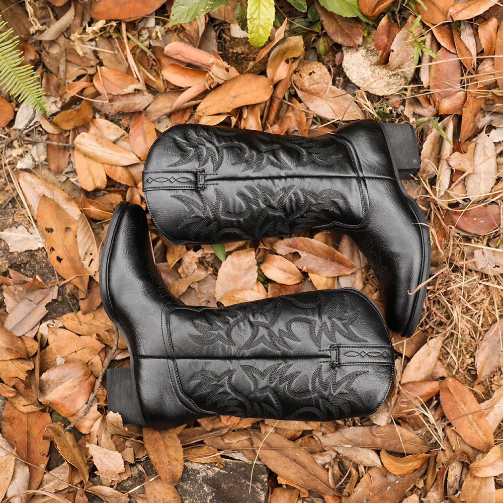 Men's Embroidery High Wooden Root Western Cowboy Zipper Bag Men's Leather Boots