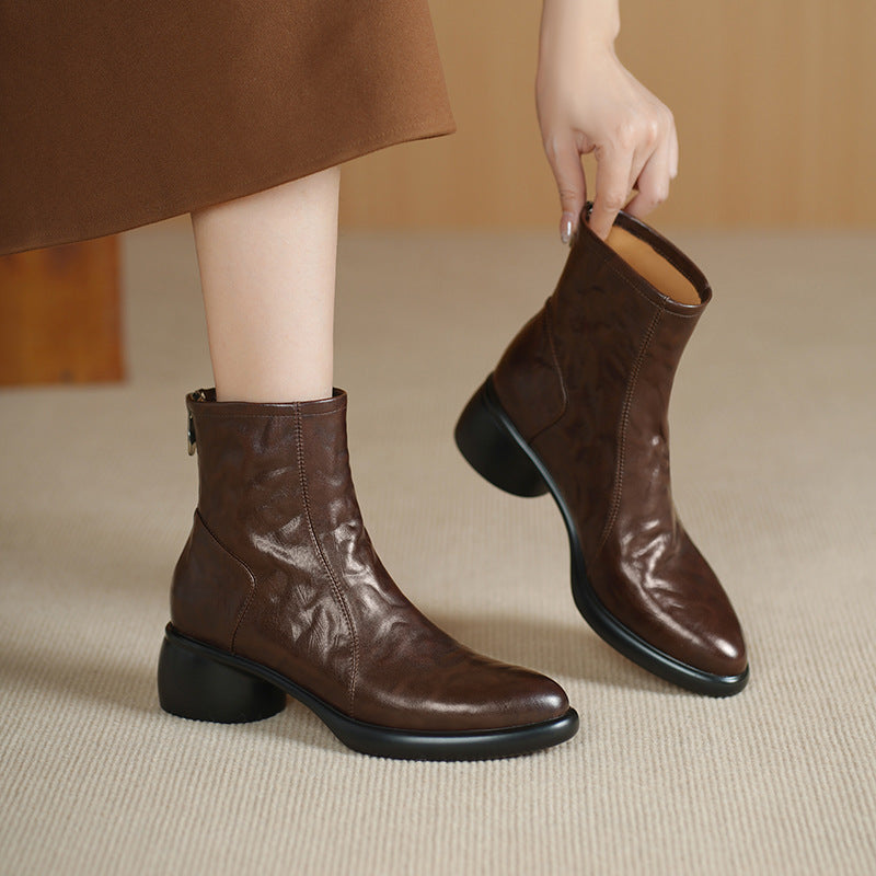 Women's Booties Thick Bottom Round Toe Mid Authentic Comfortable Soft Brown Heels