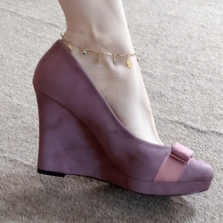 French Style Antique Beige Suede Metal Buckle Wedge High Female Women's Fashion Shoes