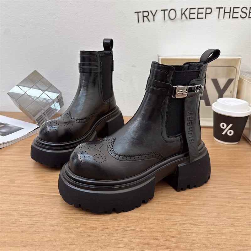 Women's Autumn British Style Thick Bottom Brogue Women's Leather Boots