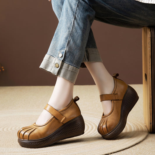 Women's Vintage Mary Jane Spring Ethnic Style Handmade Genuine Wedge Thick Women's Fashion Shoes