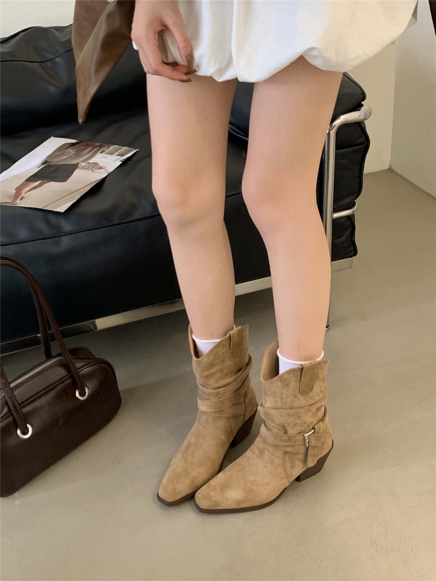 Women's Queen Style Retro Chunky Western Cowboy Autumn Height Increasing Short Women's Leather Boots