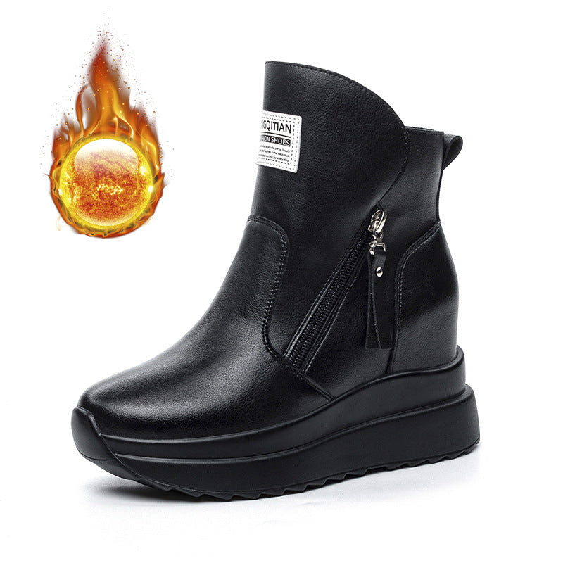 Women's Increasing Insole Flat Platform High Wedge Women's Leather Boots