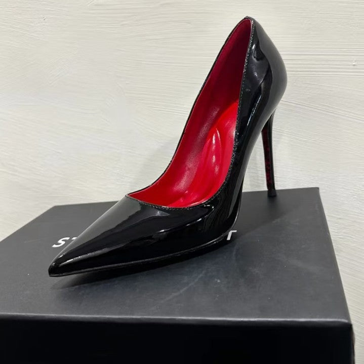 Women's Bottom High Stiletto Beautiful Sexy Black Patent Pointed French Style Heels