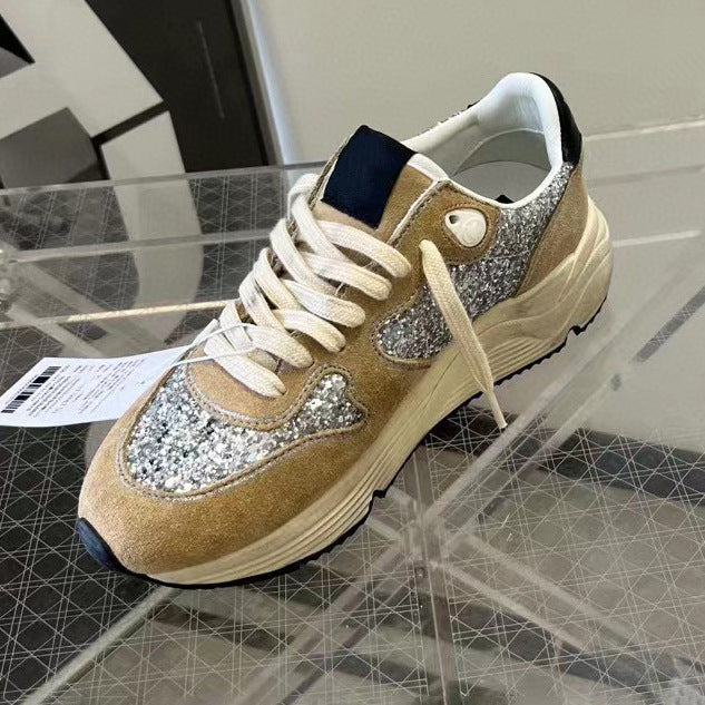 Women's Distressed Star Little Dirty Horse Fur Leopard Print Sequins Dad Sneakers