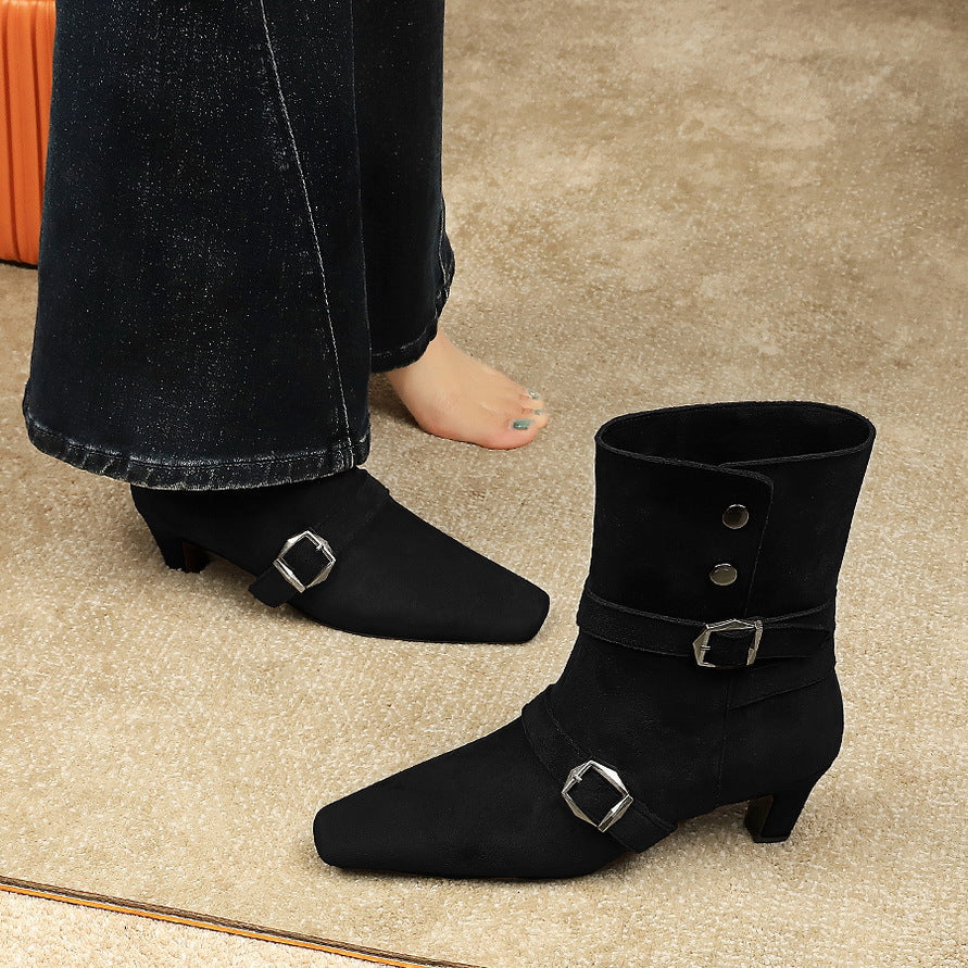 Women's Retro Design Fashion Square Toe Belt Buckle Minority Boots