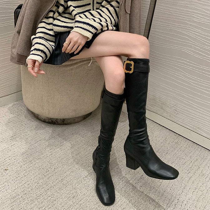Chunky Zhang Gold Buckle Half Zipper Long Heels