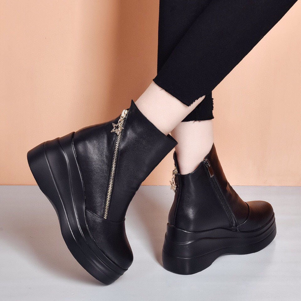 Women's Spring Thin Genuine Soft Bottom Muffin Height Increasing Plus Women's Leather Boots