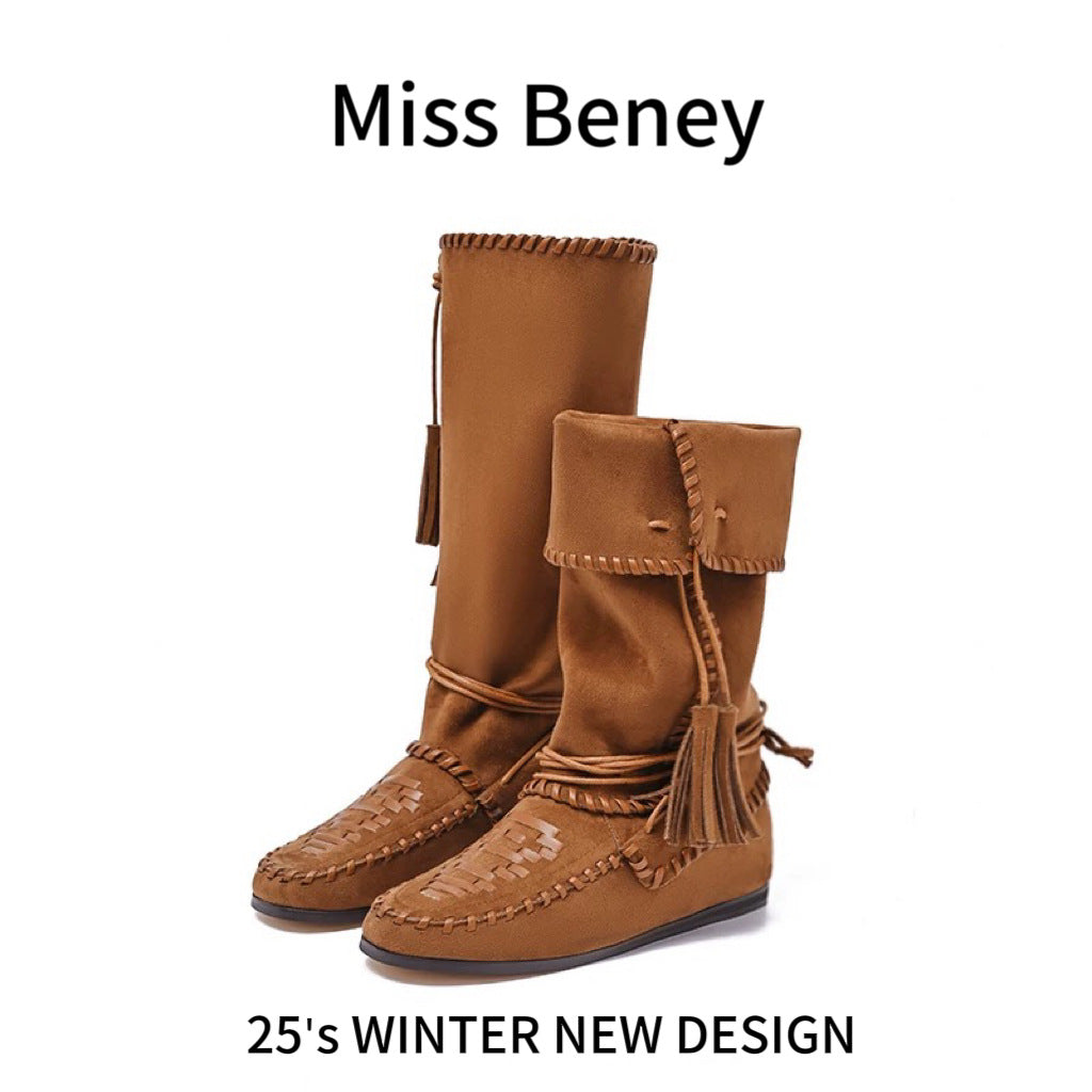Style Slimming Tied Height Increasing Insole Retro Tassel Western Foldable Boots
