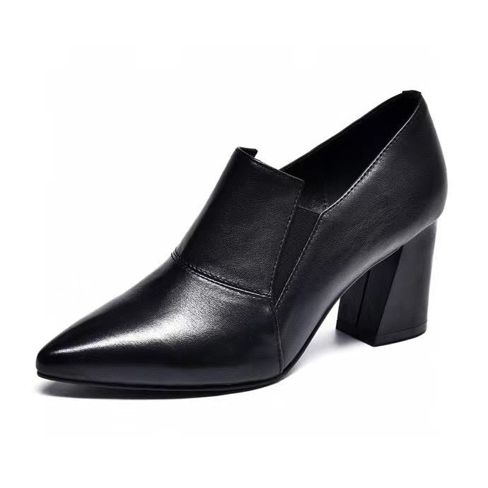 Women's High Deep Mouth Pumps Chunky Simple Leather Shoes