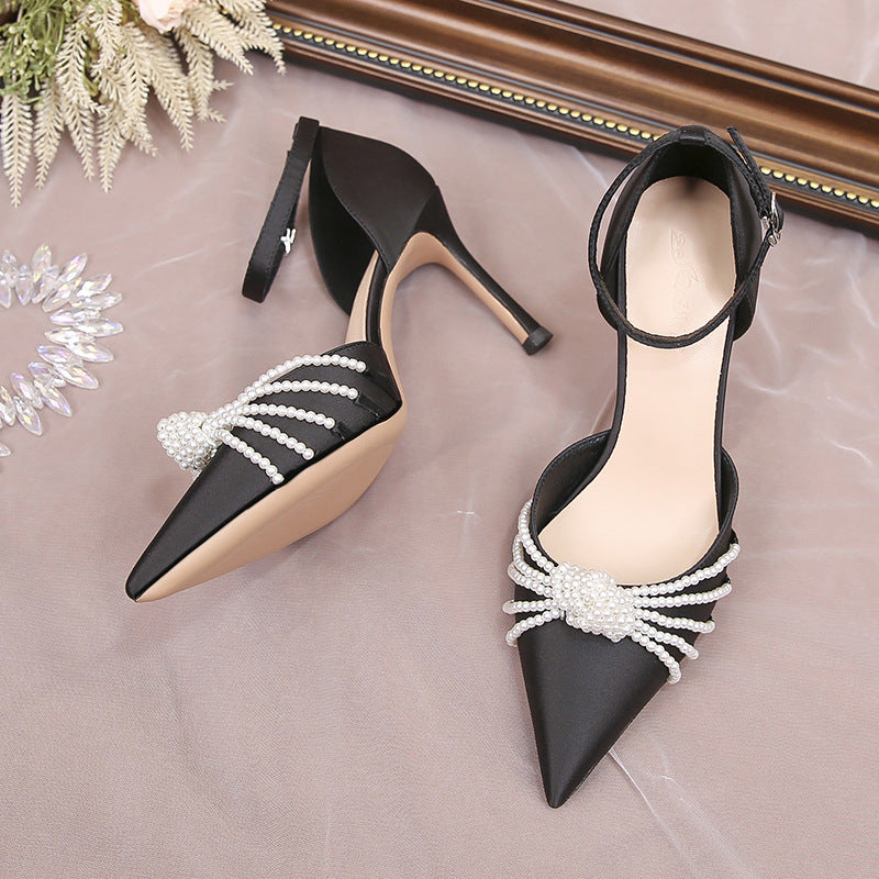Women's Multiple Pearl Pointed Toe Stiletto Buckle Strap High Sexy Heels