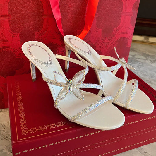 Women's Rhinestone Spring Stiletto Open Toe Bow Cross Strap High Heeled Sandals