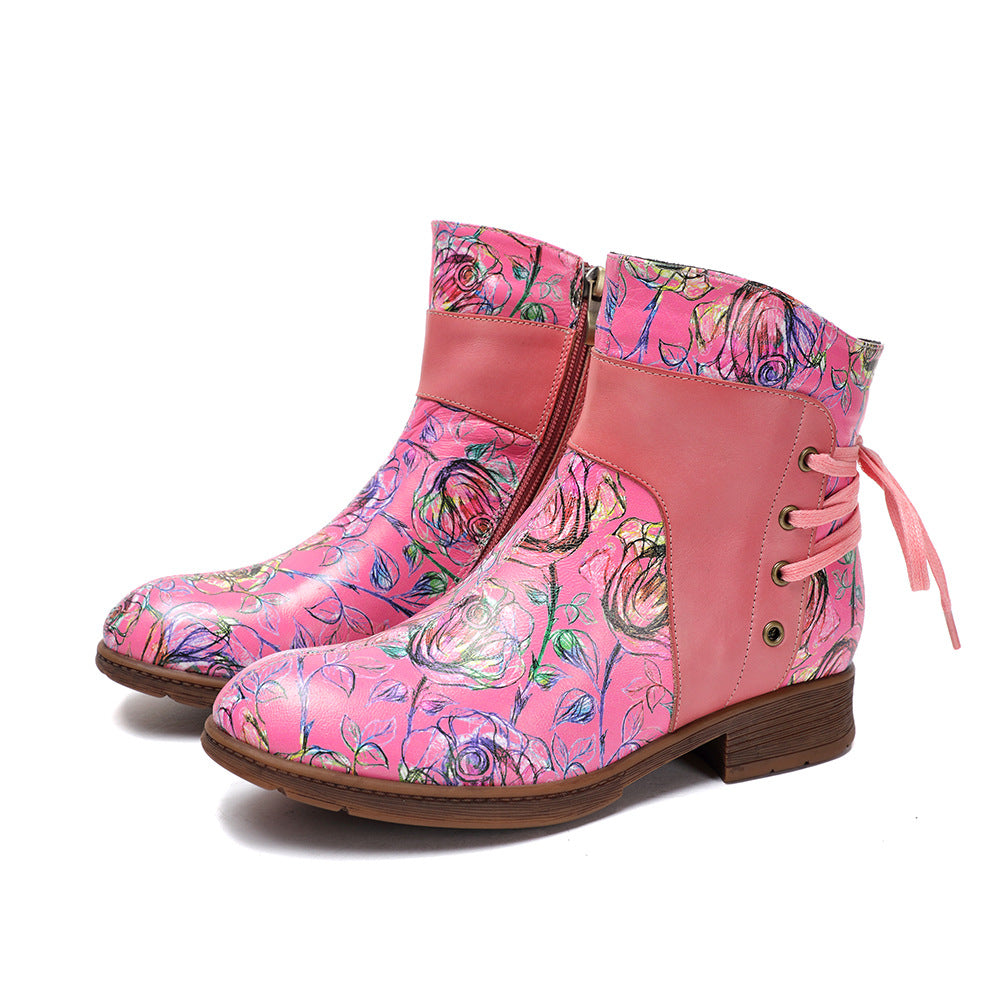 Blue Meng Die Sheepskin Cowhide Rose Hand-rub Color Women's Leather Boots