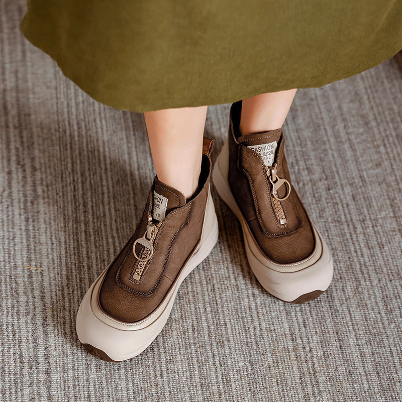 Cowhide Retro Platform Ankle Front Zipper Boots